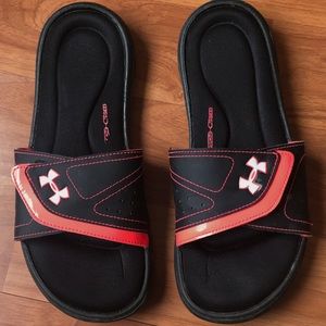 Black and Pink Foam Under Armour Slides